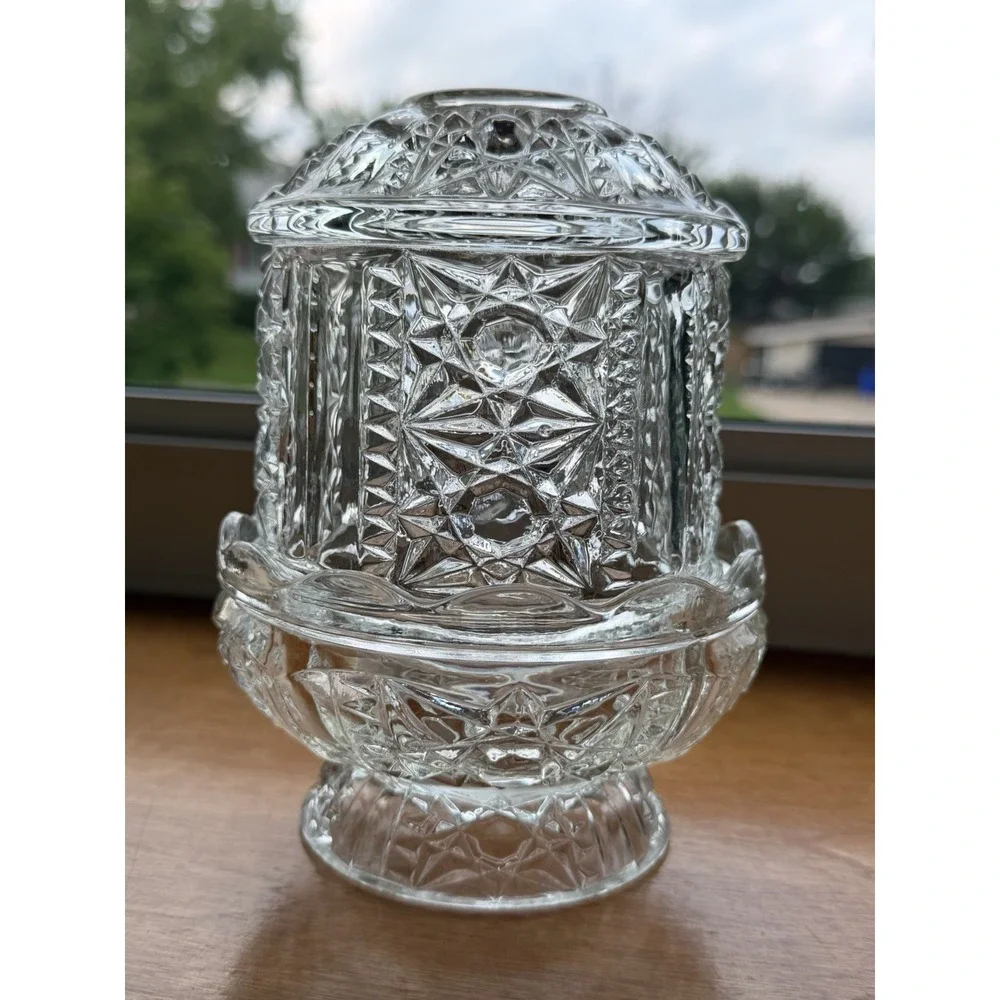 Vintage Indiana Glass Stars & Bars Clear Fairy Lamp Candle Holder MCM 6.5